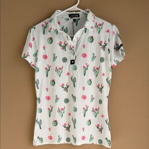 Bad Birdie Cactus Print Button Down Golf Shirt - White and Pink-cactus print